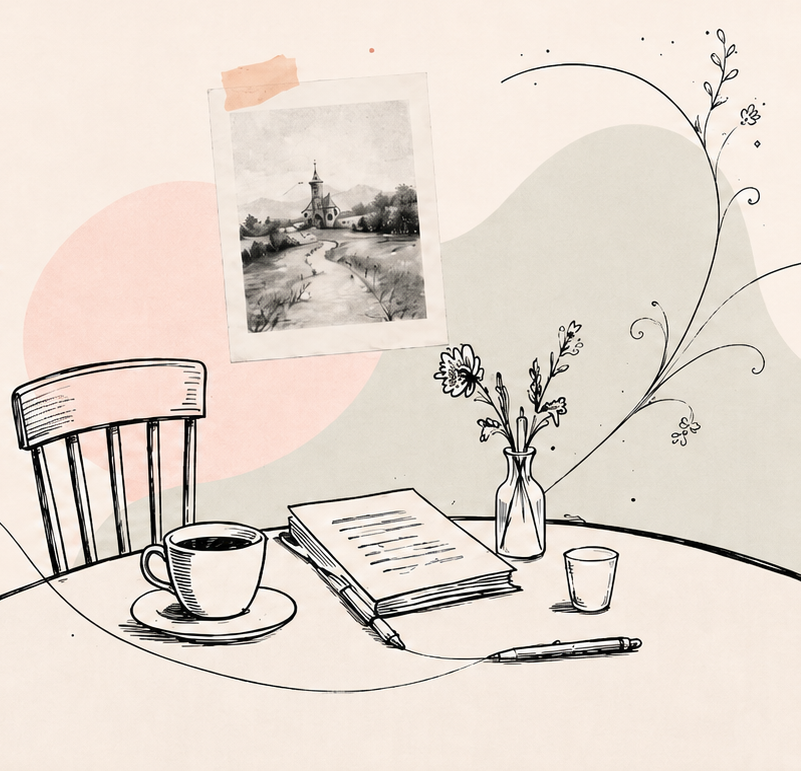 Illustratie: schrijftafel met notitieboek, koffie en foto